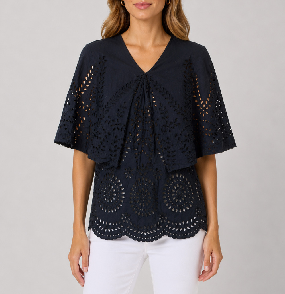 Stella McCartney Navy Blue Eyelet Lace V Neck Ruffle Sleeve Blouse Size 36